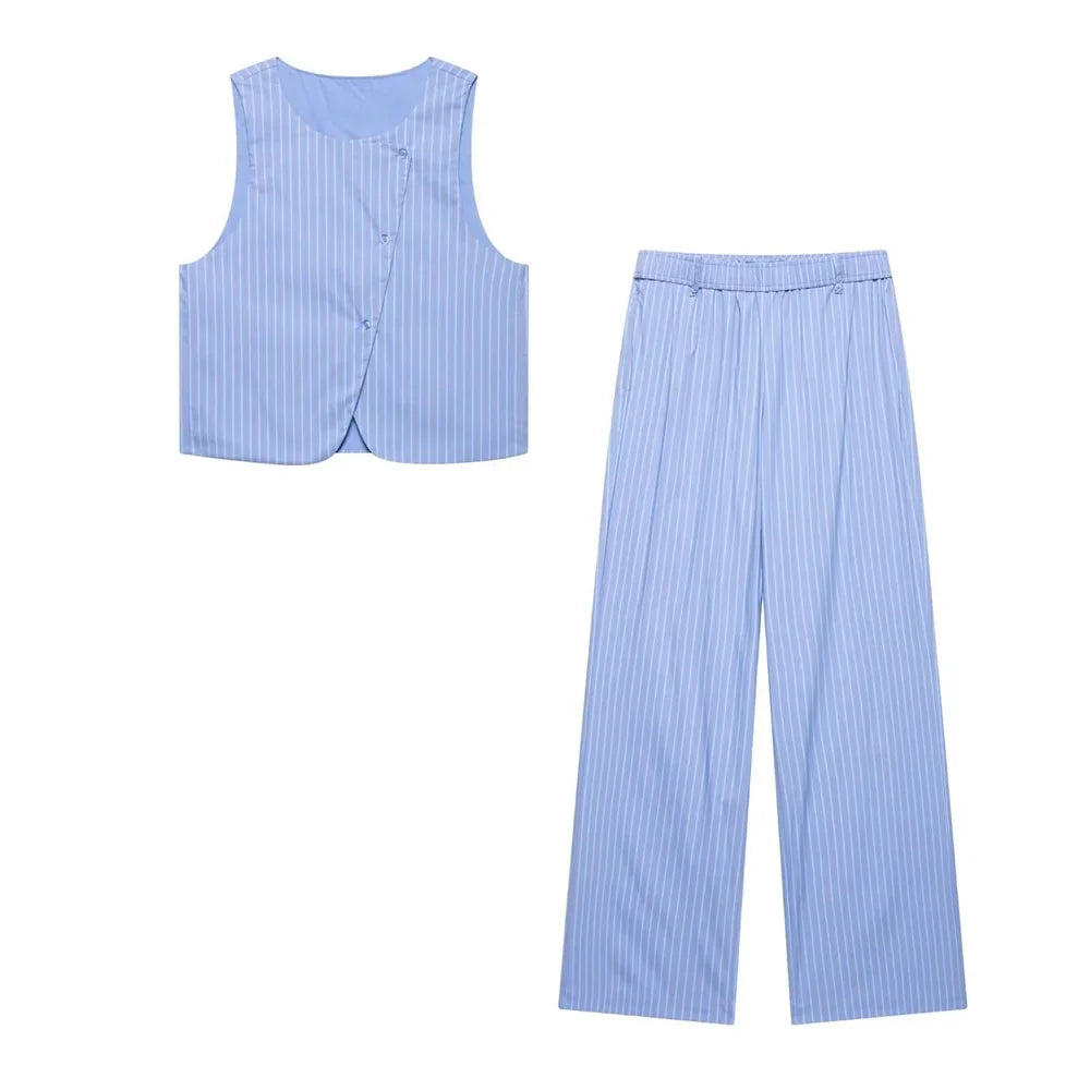 Womens Light Blue Pinstripe Suit Set with Sleeveless Asymmetric Vest and Wide Leg Pants for Stylish Office Attire