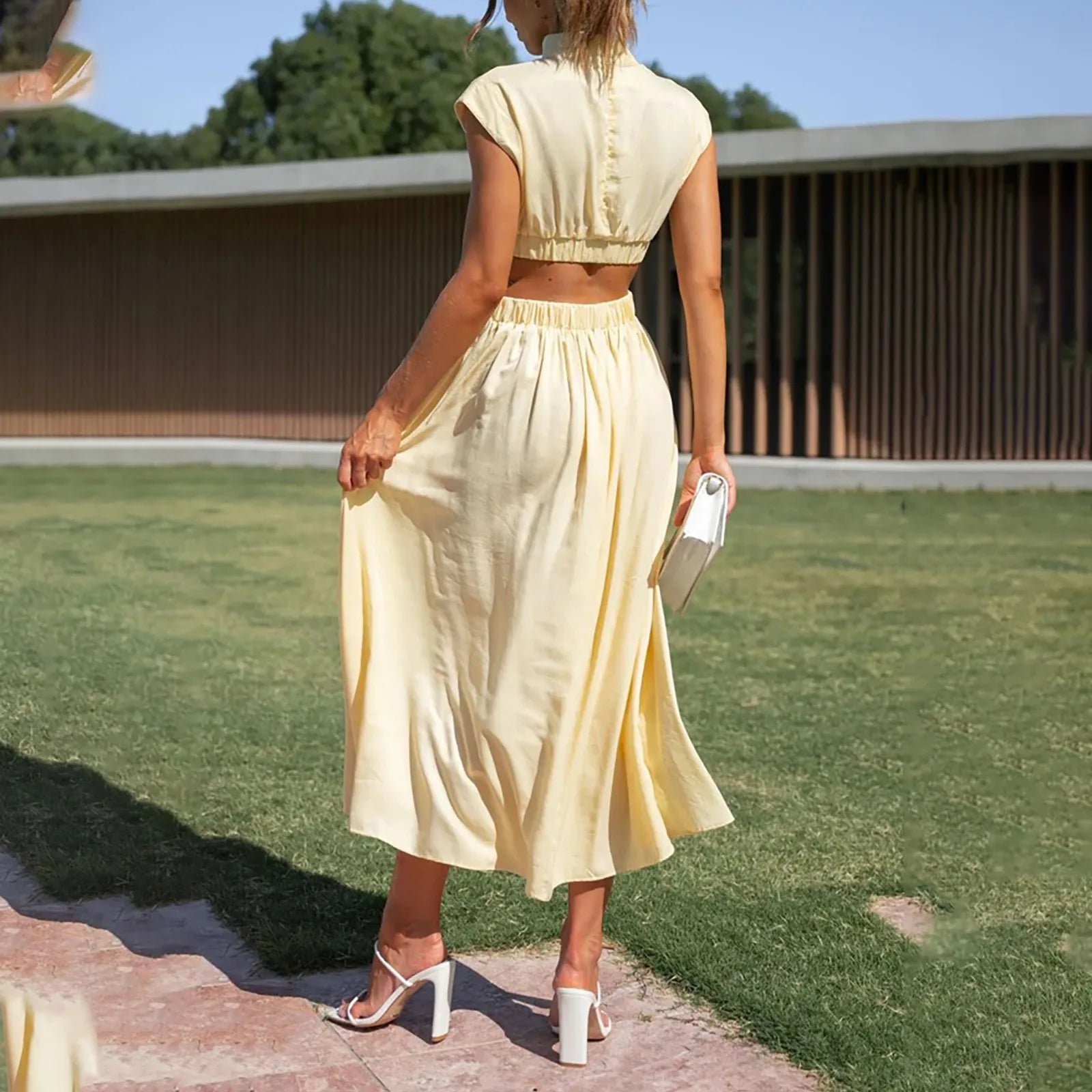 Solid Color High Waist Maxi Dress Sleeveless With Pockets