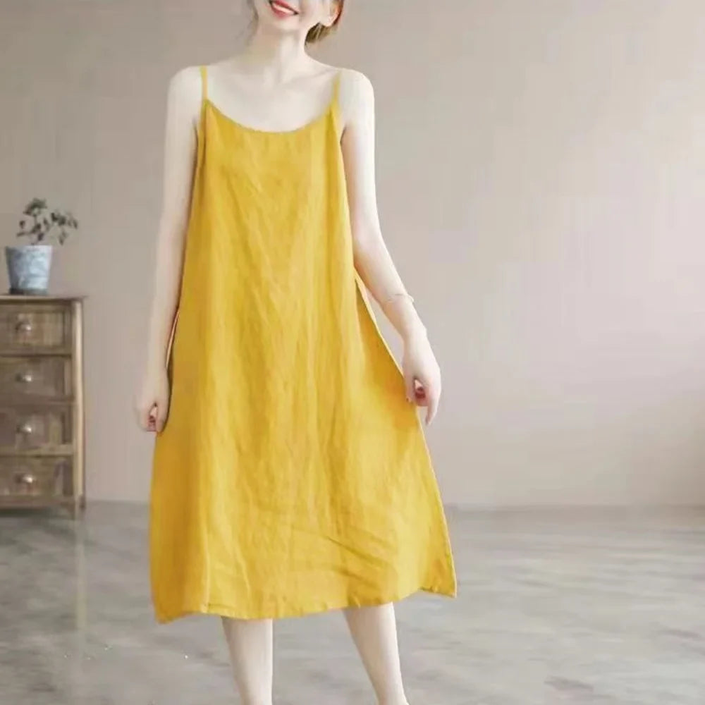 Cotton Linen Beach Dress Women Sleeveless A Line Summer