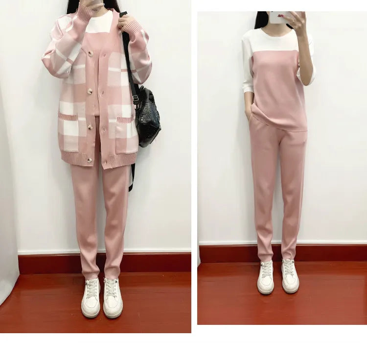 Autumn Winter Women's Plaid Knit Tracksuit Set with Cardigan Sweater Coat, Short Sleeved Top, and Solid Harem Pants