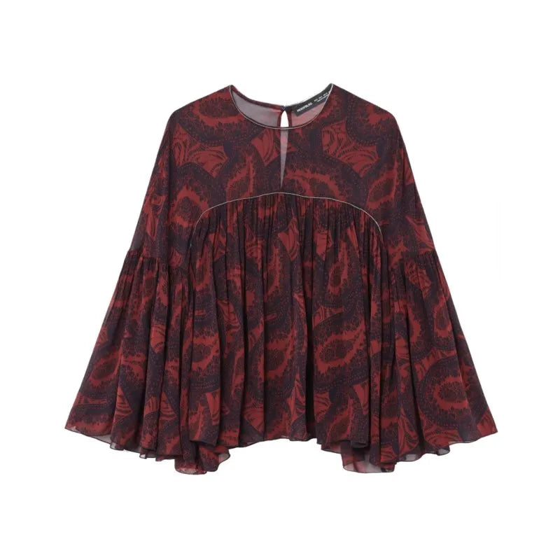 Women's Spring Printed Midi Skirt Two-Piece Set with Casual Folded Silk Texture Shirt and High Waist Skirt