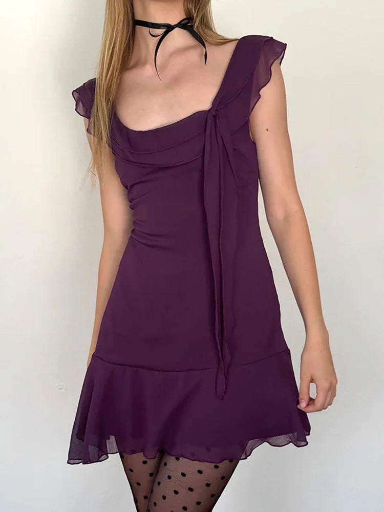 Sexy Tassels Patchwork Chiffon Mini Dress Sleeveless Zipper