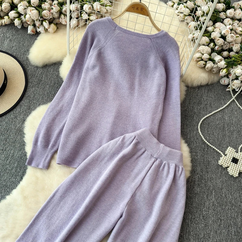 Cozy Knitted Two-Piece Women's Tracksuit Set with V-Neck Sweater and Straight Jogging Pants Autumn Winter Lounge Wear