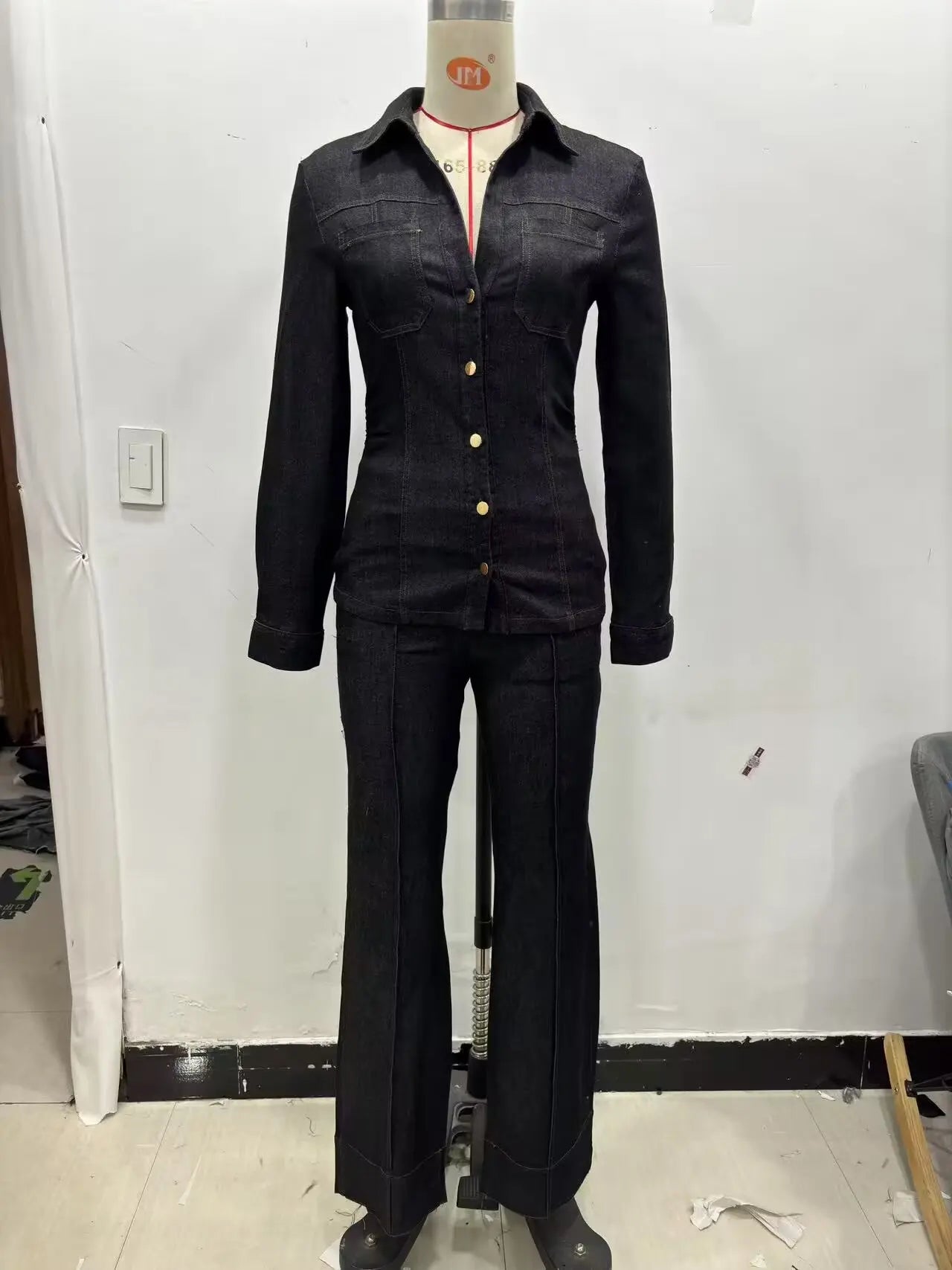 Women Black Denim Pants Set with Fitted Shirt and Patch Pockets Straight Leg Jeans Suit