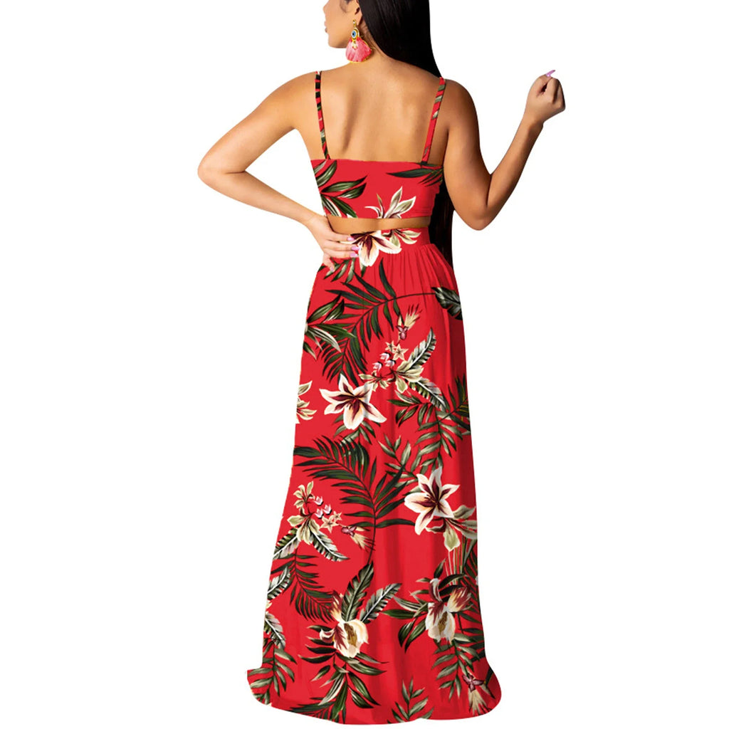 Bohemian Floral Two Piece Set V Neck Beach Dress for Women