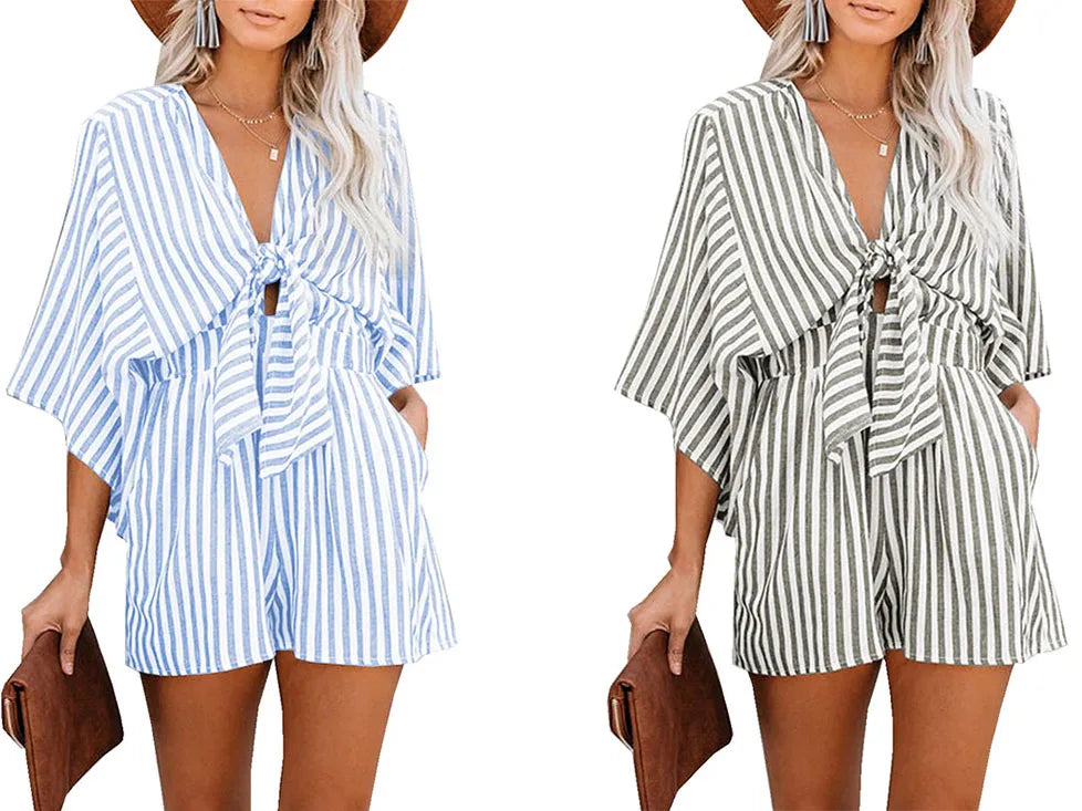 Women's Summer Slimming Striped Jumpsuit with Deep V Neck, Flared Three Quarter Sleeves, and Wide Leg Pants