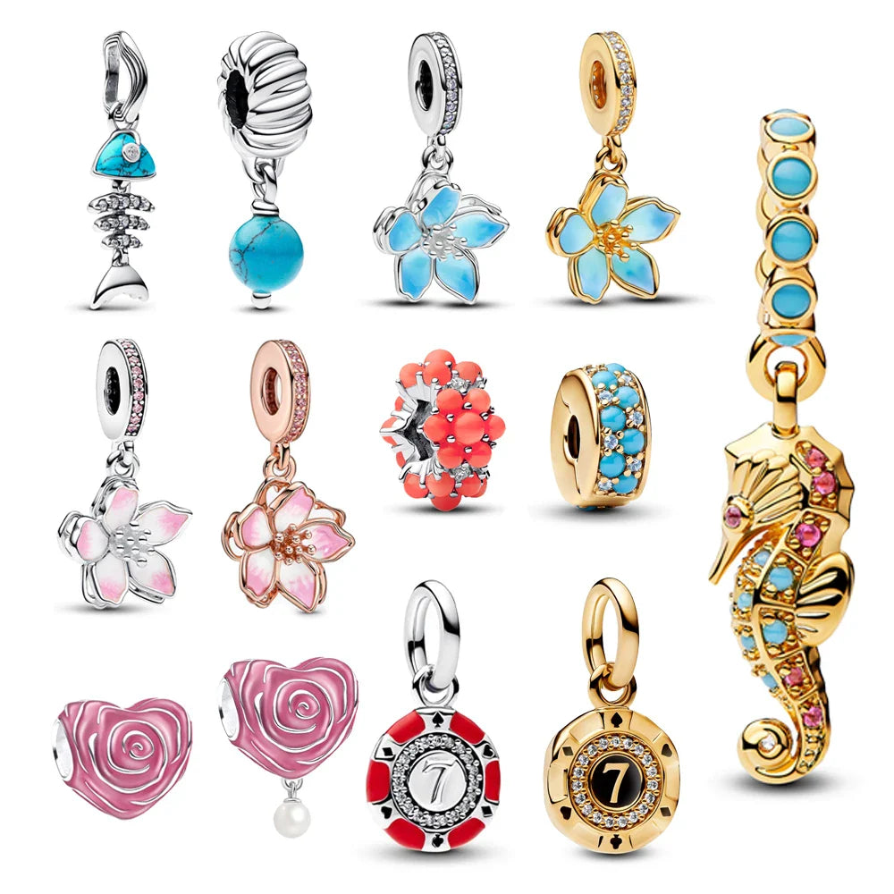 925 Sterling Silver Coral Seahorse and Lotus Fish Pendant for DIY Bracelet and Necklace Crafting