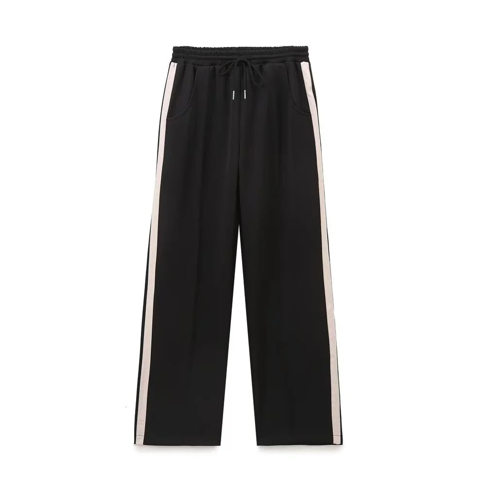 Women's Fashion Casual Zipper Pilot Jacket and High Waist Wide Leg Pants Set with Side Stripes