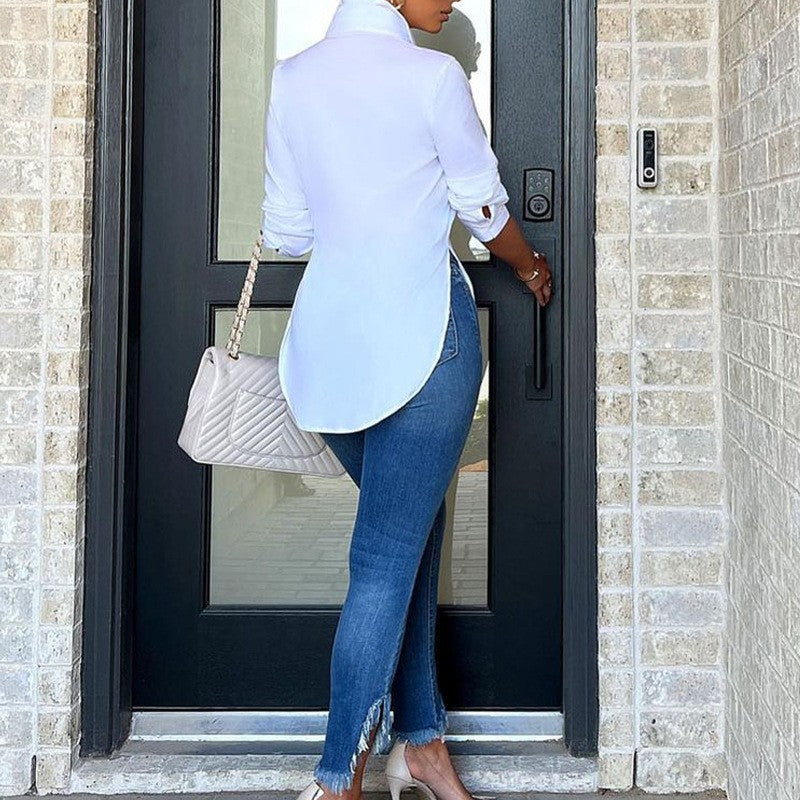 Casual Mid Length Long Sleeve Women Blouse Autumn Fashion Shirt Elegant Asymmetrical Tunic Solid Color Top