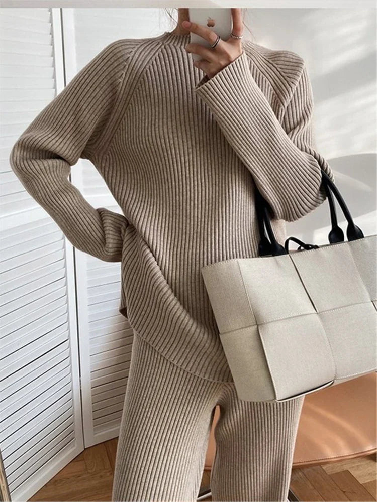 Knitted Tracksuit for Women Autumn Winter Two Piece Set with Half Turtleneck Sweater and Wide Leg Jogging Pants Outfit