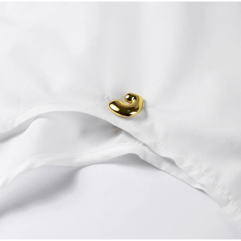 White Chiffon Shirt for Women with Lapel Collar Lantern Sleeves Single Breasted Irregular Hem Loose Fit Blouse Elegant Casual Top