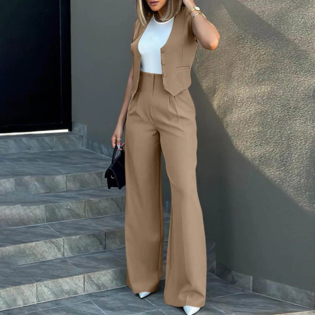 Sleeveless V-Neck Vest and High Waist Wide Leg Pant Set for Women Casual Chic Vintage Elegant Two Piece Outfit for Office and Everyday Wear