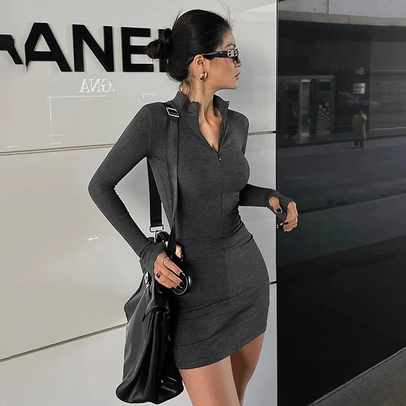 Autumn Black Turtleneck Knitted Bodycon Dress For Women
