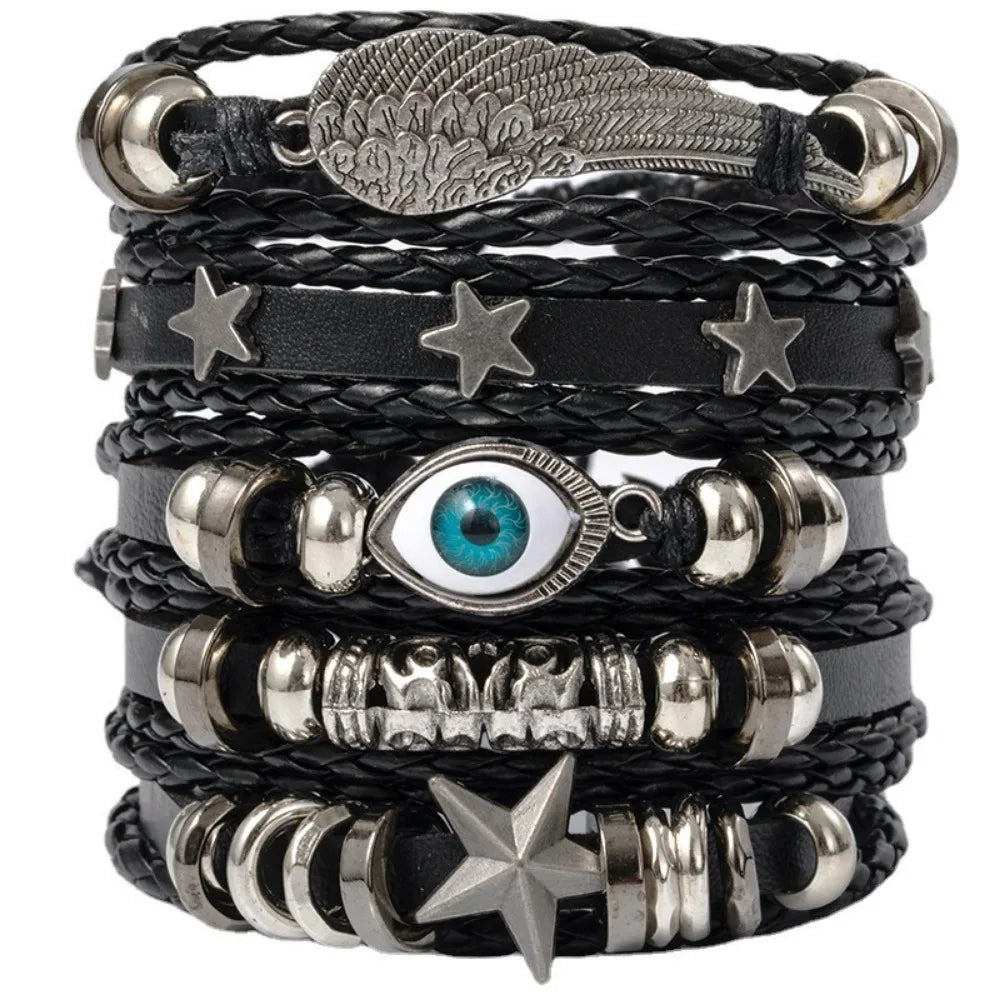 Punk Style Evil Eye Skull Bracelet Set with Adjustable PU Leather and Beads - 4/5/6 Pieces