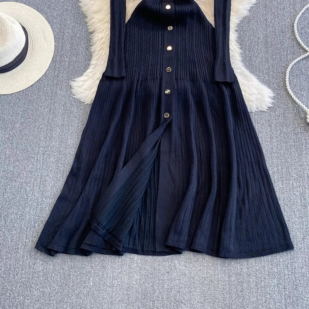 Knitted Sweater Dress With Embroidery Pocket Long Sleeve