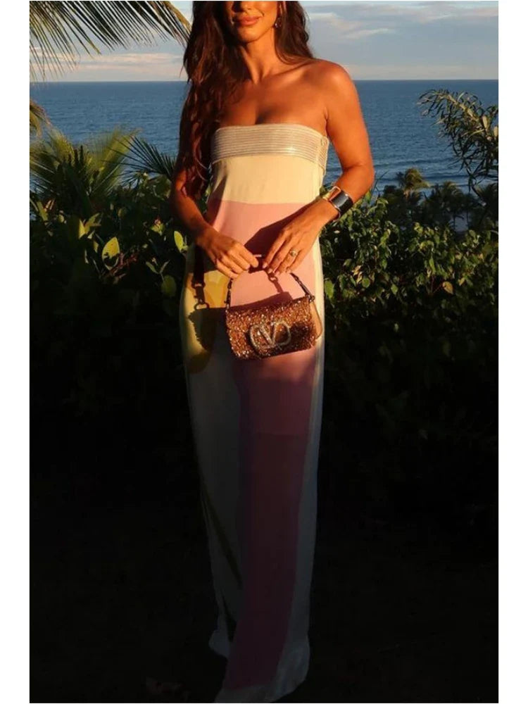 Satin Floral Strapless Maxi Dress Backless Bodycon Evening