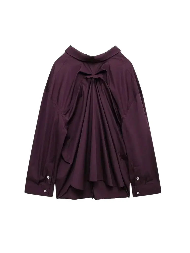 Oversized Pleated Back Long Sleeve Button-Up Shirt for Women Chic Fashion Blouse Top