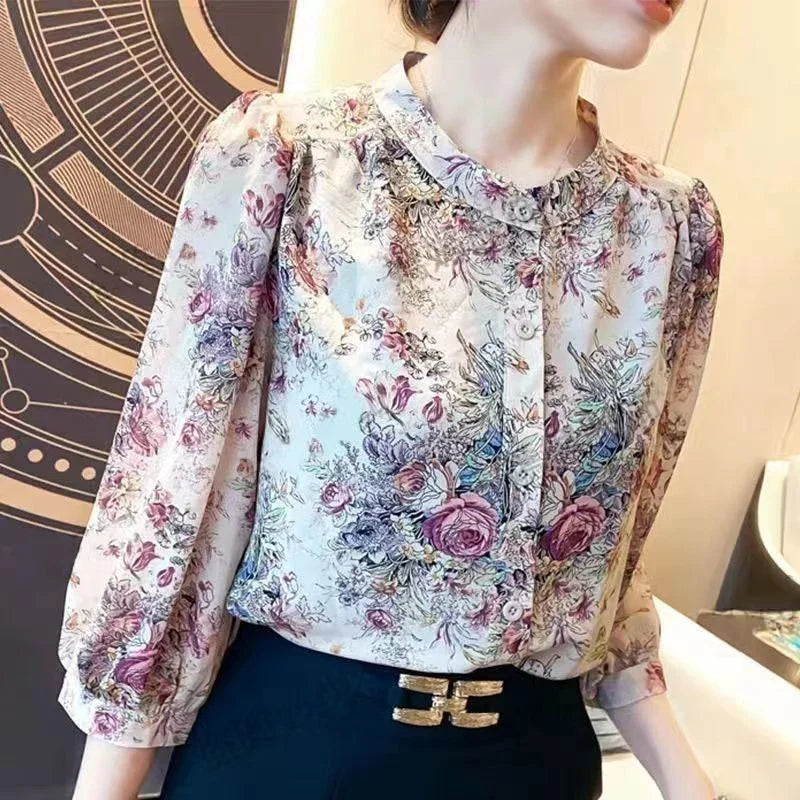 Vintage Elegant Women's Chiffon O-Neck Lantern Sleeve Printed Blouse Slim Fit Casual Office Shirt