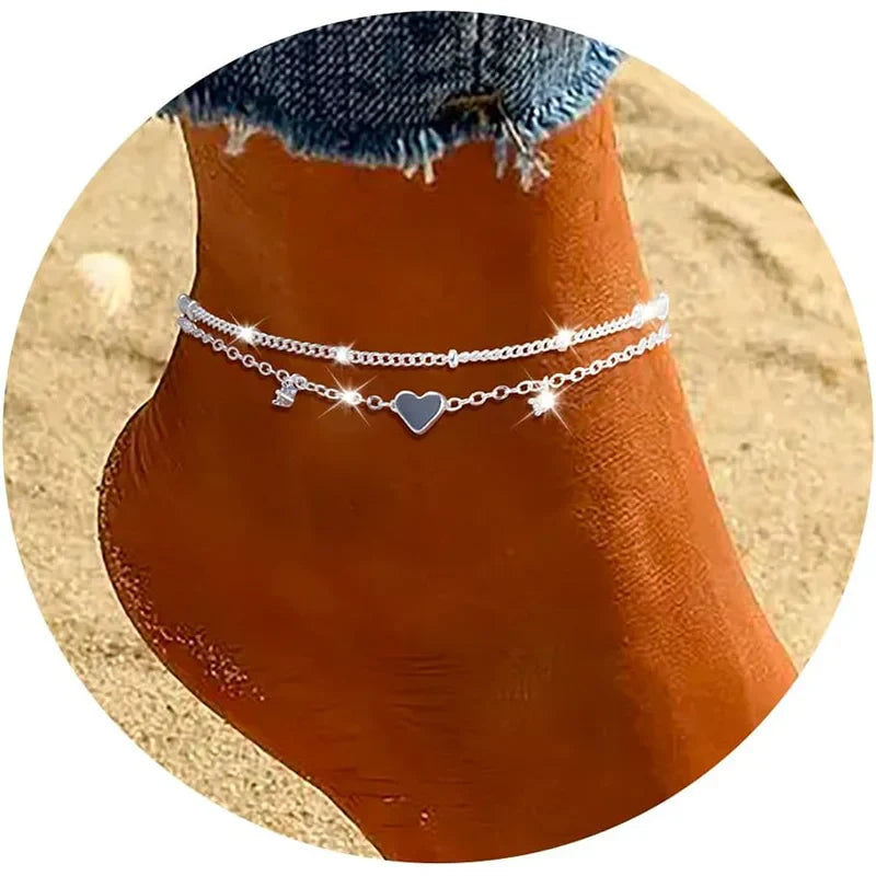 925 Silver Plated Heart Charm Anklet with Cubic Zirconia Dainty Layered Chain Jewelry for Women