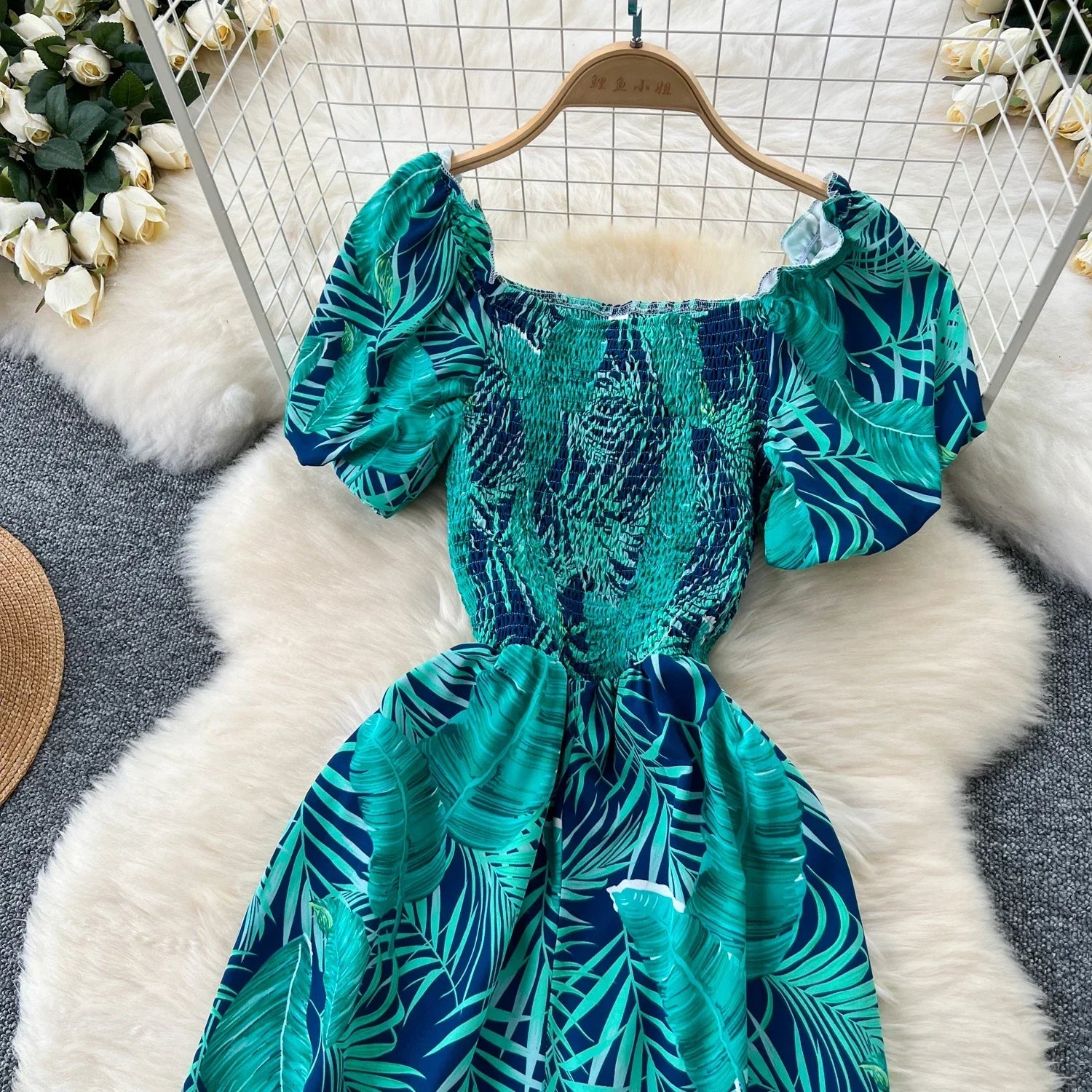 Square Neck Loose Pleated Jumpsuit with Ruffles Backless Design Wide Leg Long Pants Elegant Chic Printed Playsuit for Women
