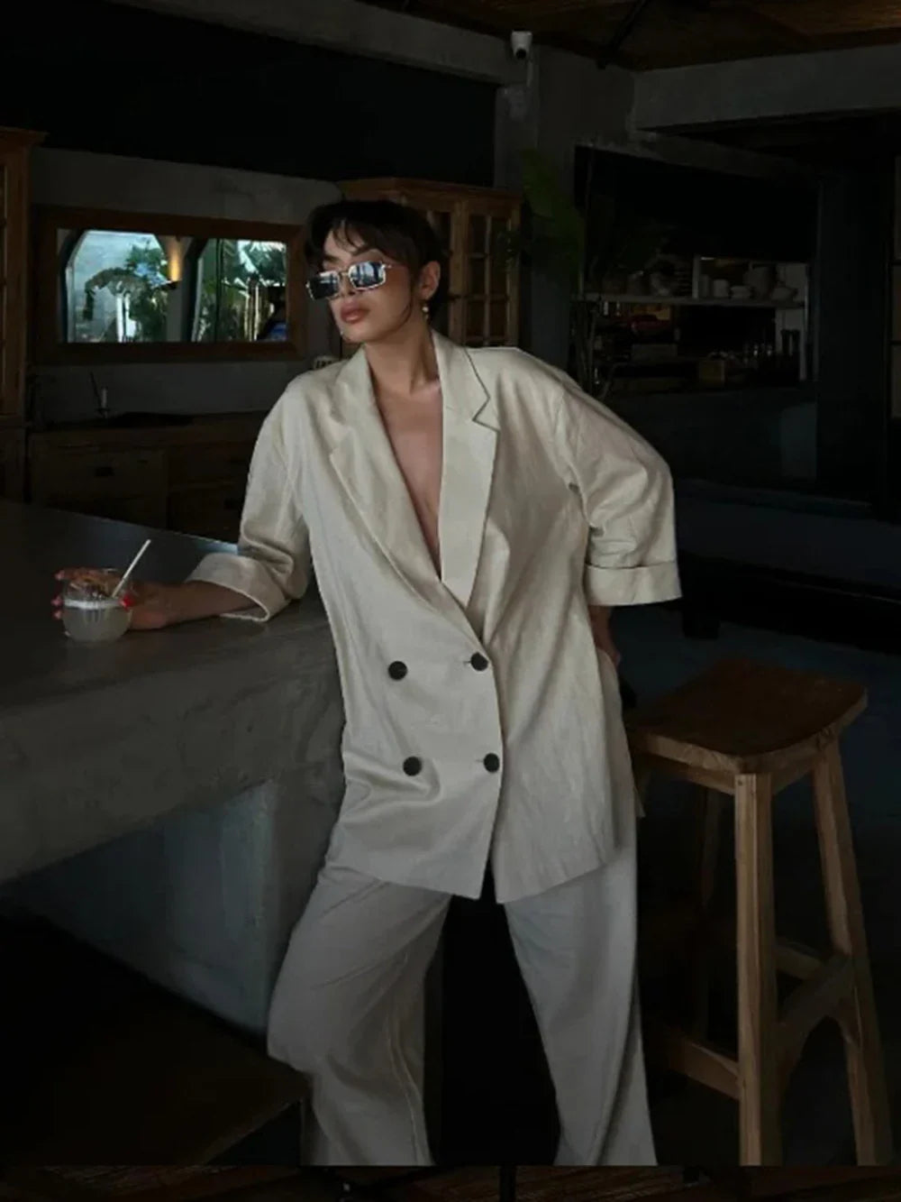 Women's Satin Blazer and High Waisted Straight Leg Pant Set with Crease Texture