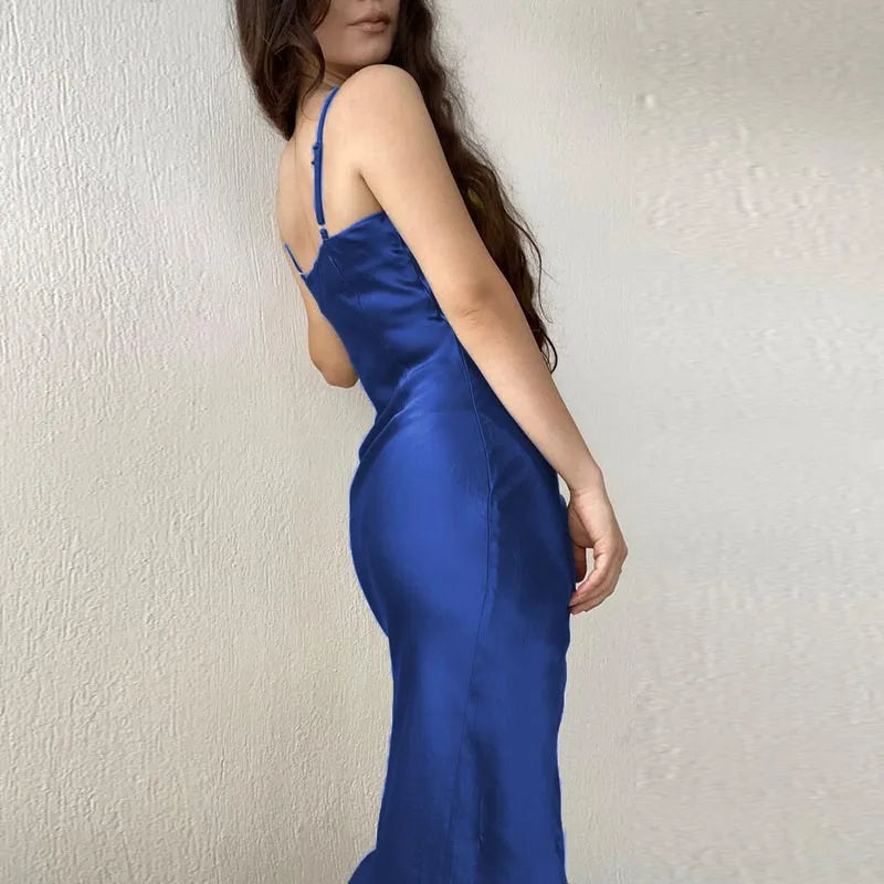 Elegant Satin Strap Dress With Back Split For Spring
