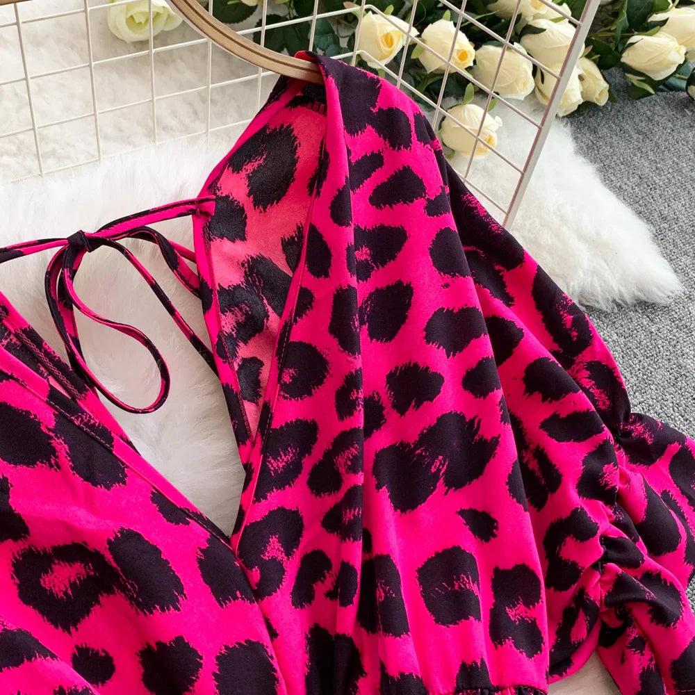 Women's Summer V-Neck Leopard Print Lace-Up Jumpsuit Short Sleeve Loose Fit Playsuit Overalls with Elegant Ruffle Detail