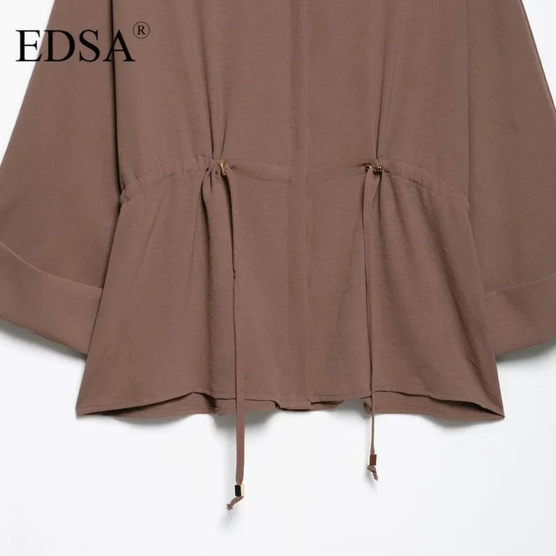 Women Camel Safari Style Flowing Shirt with Drawstring Waist Wide Sleeves and Turn-up Cuffs Casual Blouse for Holiday and Everyday Wear