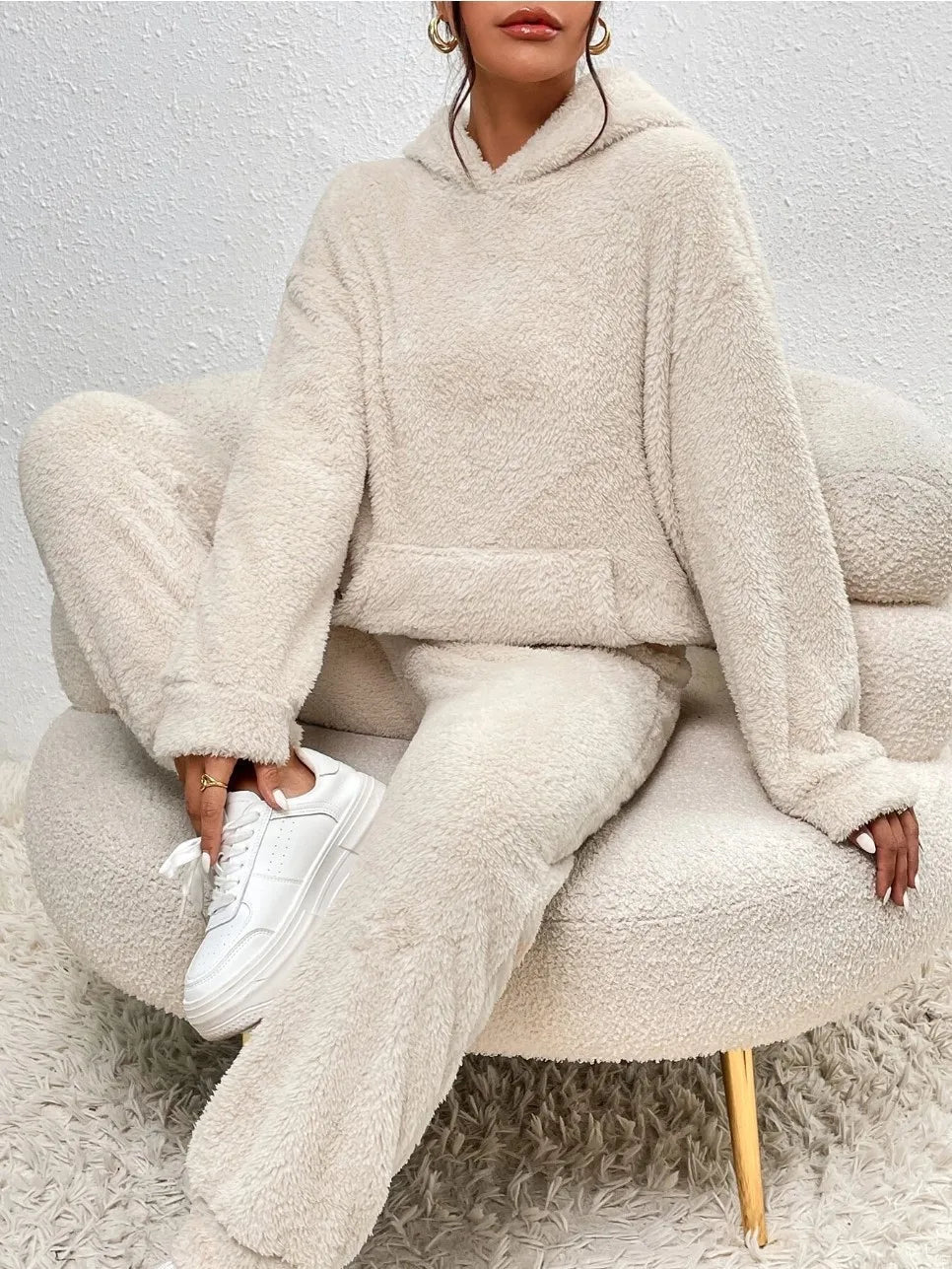 Autumn Winter Women Casual Hooded Sweatshirt and Plush Leg Pants 2 Piece Set Warm Furry Outfit