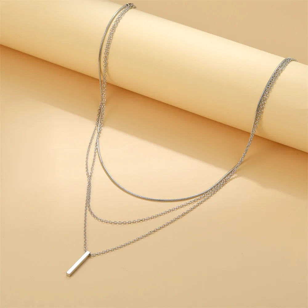 Vintage Layered Metal Bar Pendant Necklace for Women Gold Clavicle Chain Jewelry