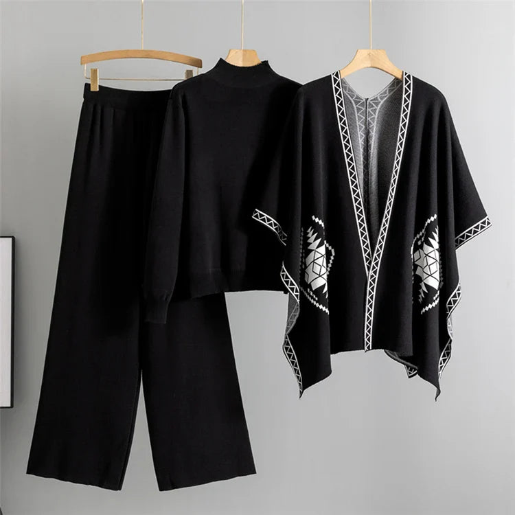 Cozy Knit Shawl and Wide Leg Pants Set with Elegant Turtleneck Sweater Women's 3-Piece Fall Outfit