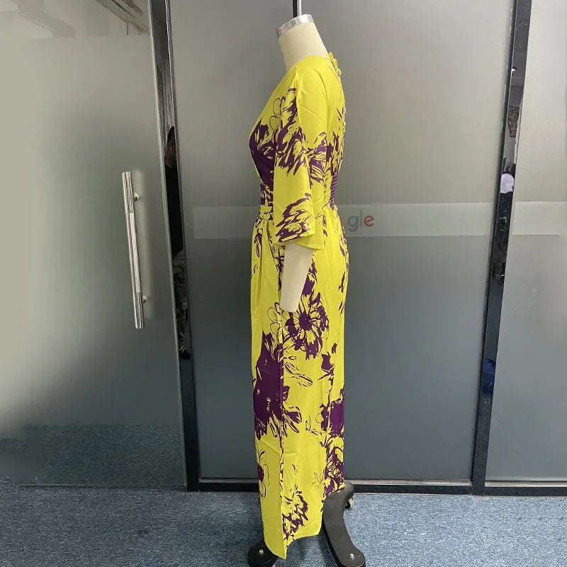 Women's Summer Casual Printed Jumpsuit with Batwing Sleeves V Neck Backless Tie Waist Wide Leg Romper