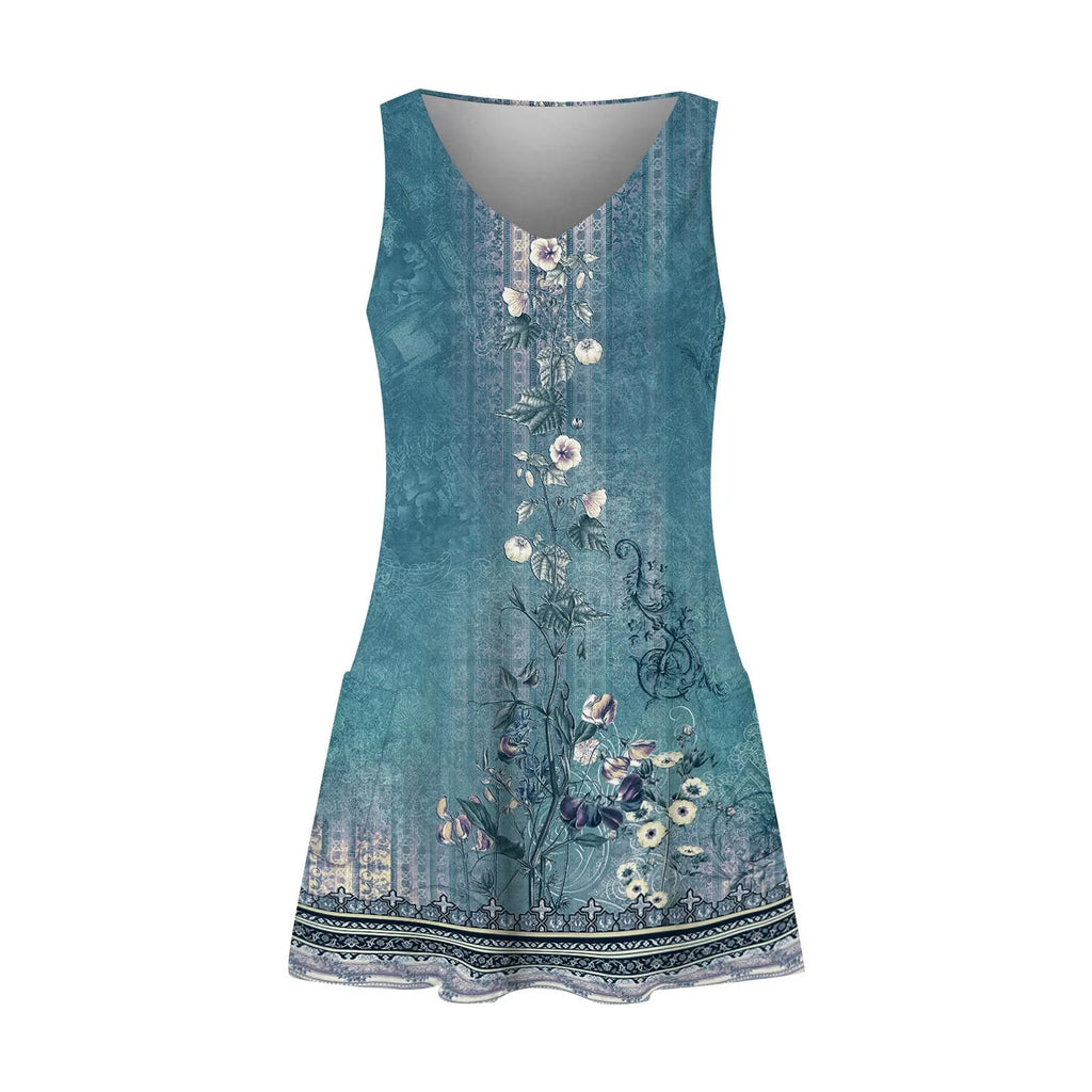 Boho Floral Knee Length Sundress With Pockets Loose