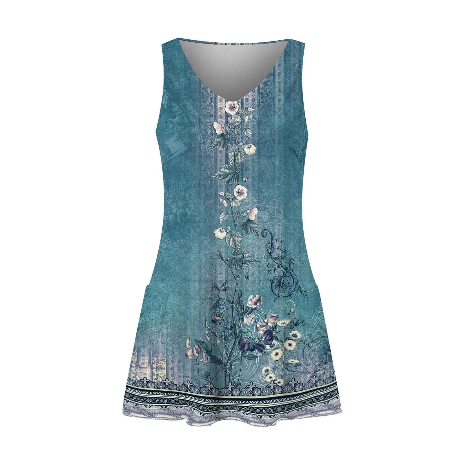 Boho Floral Knee Length Sundress With Pockets Loose