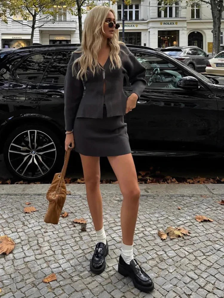 Women's Knit Tailored Cardigan and Skirt Set V-Neck Long Sleeve Jacket with High Waist Elastic A-Line Mini Skirt Stylish Two-Piece Outfit