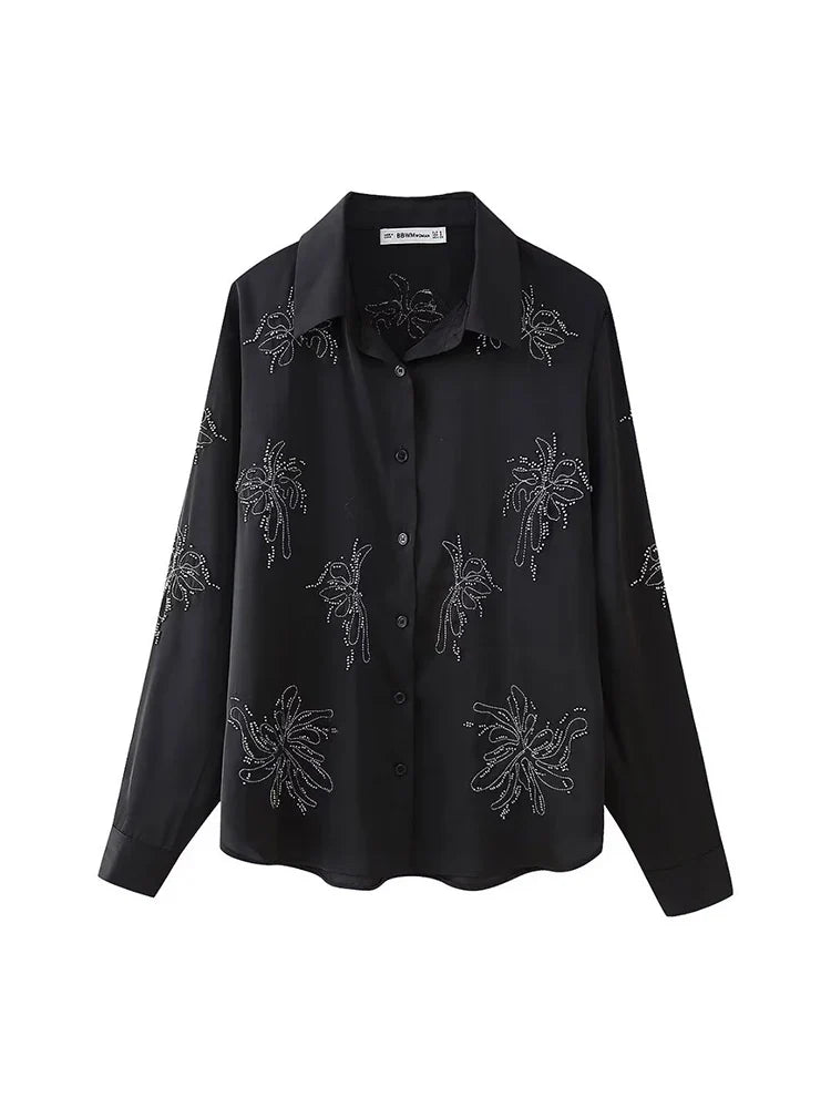 Women's Beaded Embroidery Long Sleeve Shirt and Loose Trousers Set with Lace Up Details