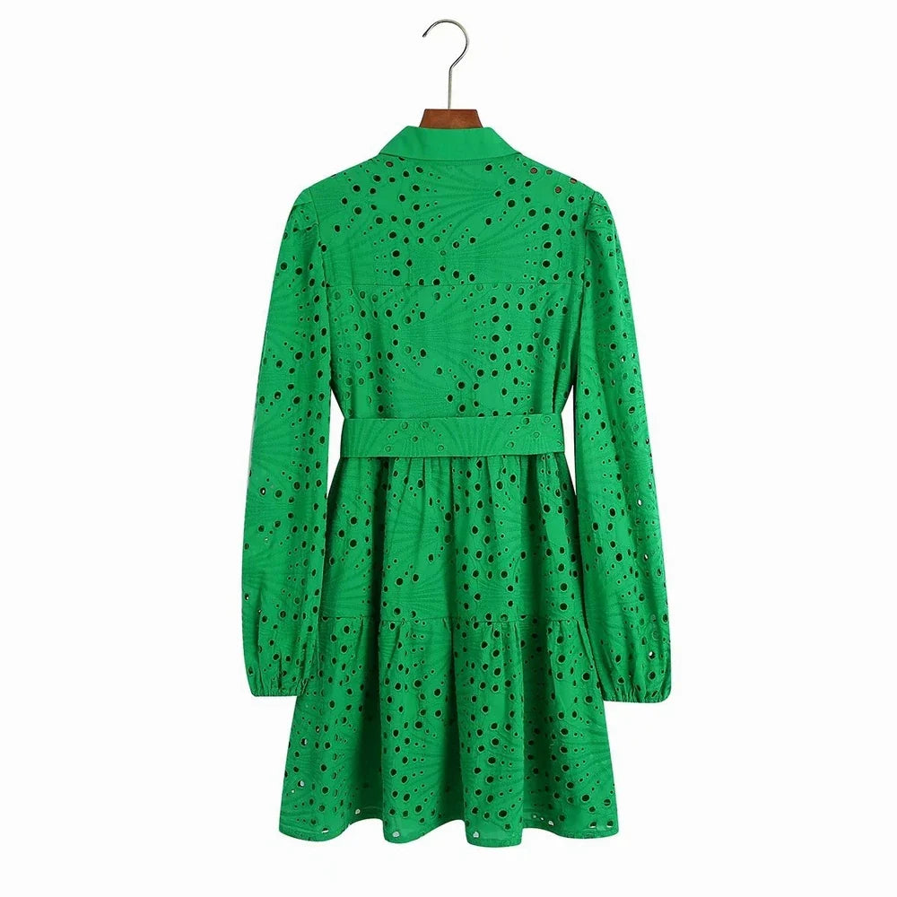 Lace Belted Dress With Eyelet Embroidery Cutout Design