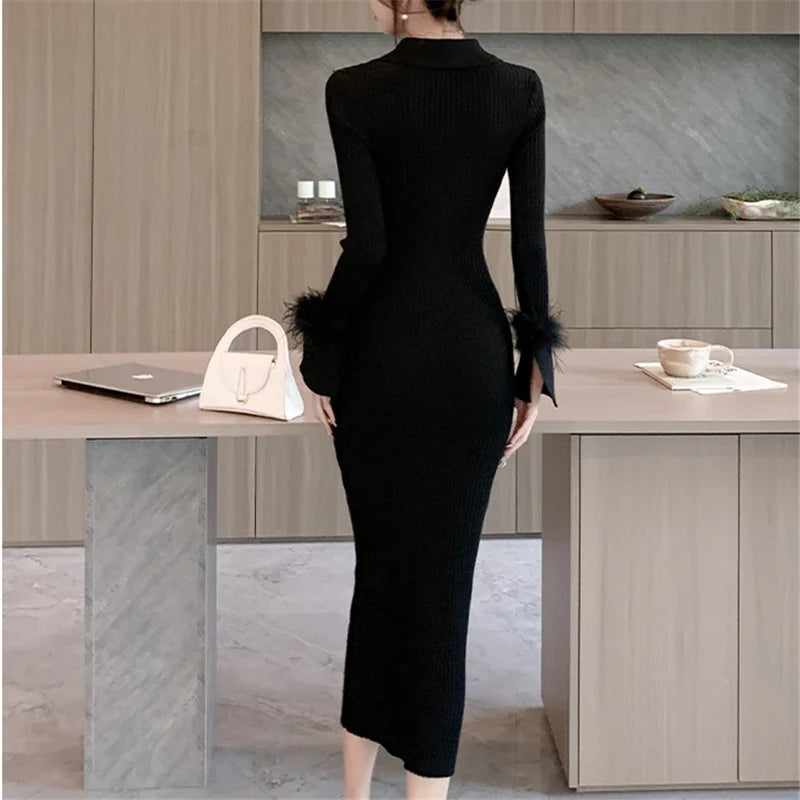 Polo Collar Wrap Knit Dress for Women Long Sleeve Bodycon