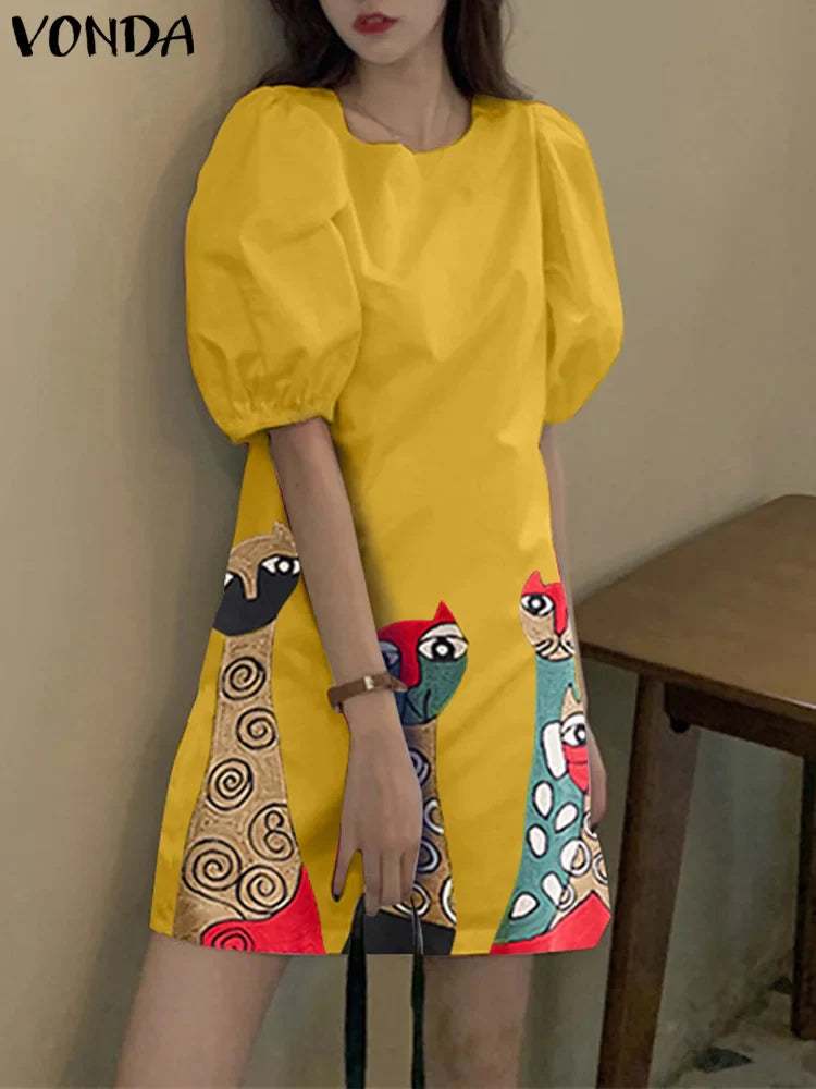 Bohemian Printed Sundress With Short Sleeves Round Neck