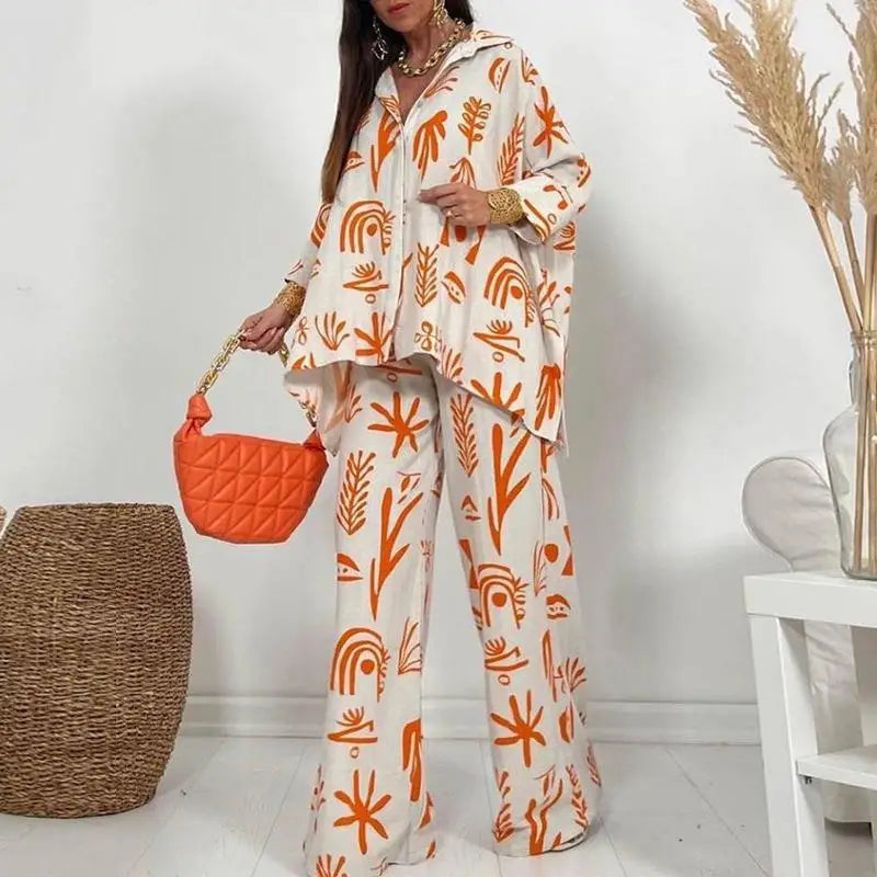 Summer Fashion Printed Women's Two Piece Set with Flip Collar Top and Wide Leg Pants