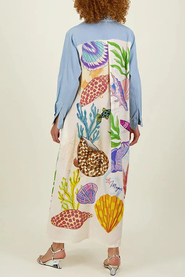 Personality Printed Long Sleeve Single Breasted Shirt with Lapel Collar and Skirt Set for Women