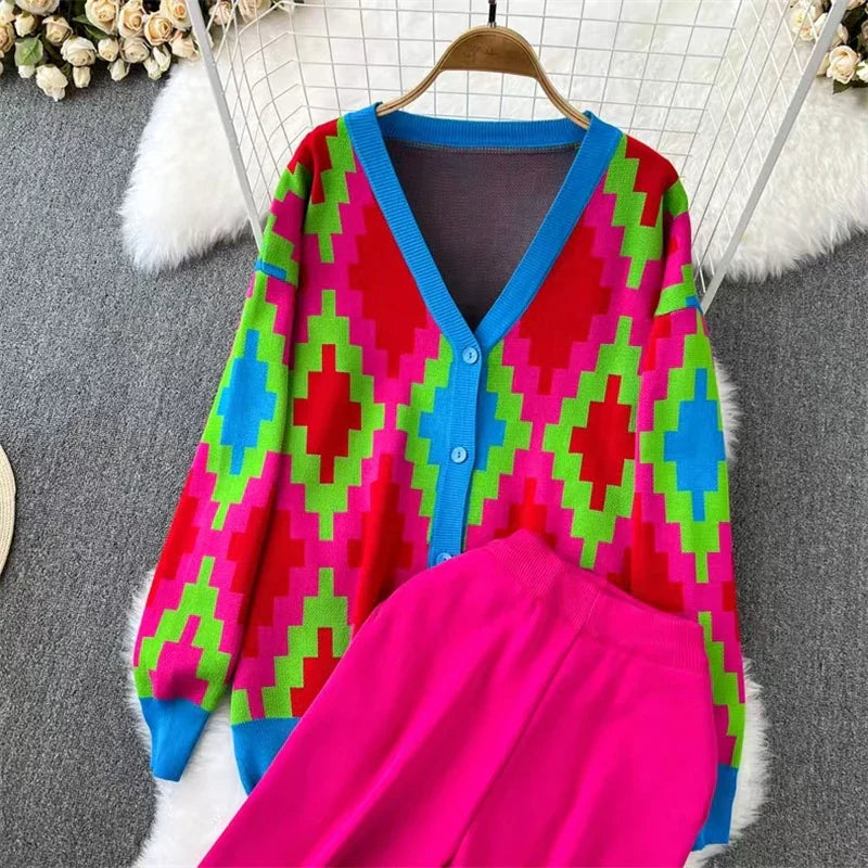 Casual Elegant Diamond Grid V-Neck Button Down Long Sleeve Top with Elastic Waist and Wide Leg Women's Suit Outfit