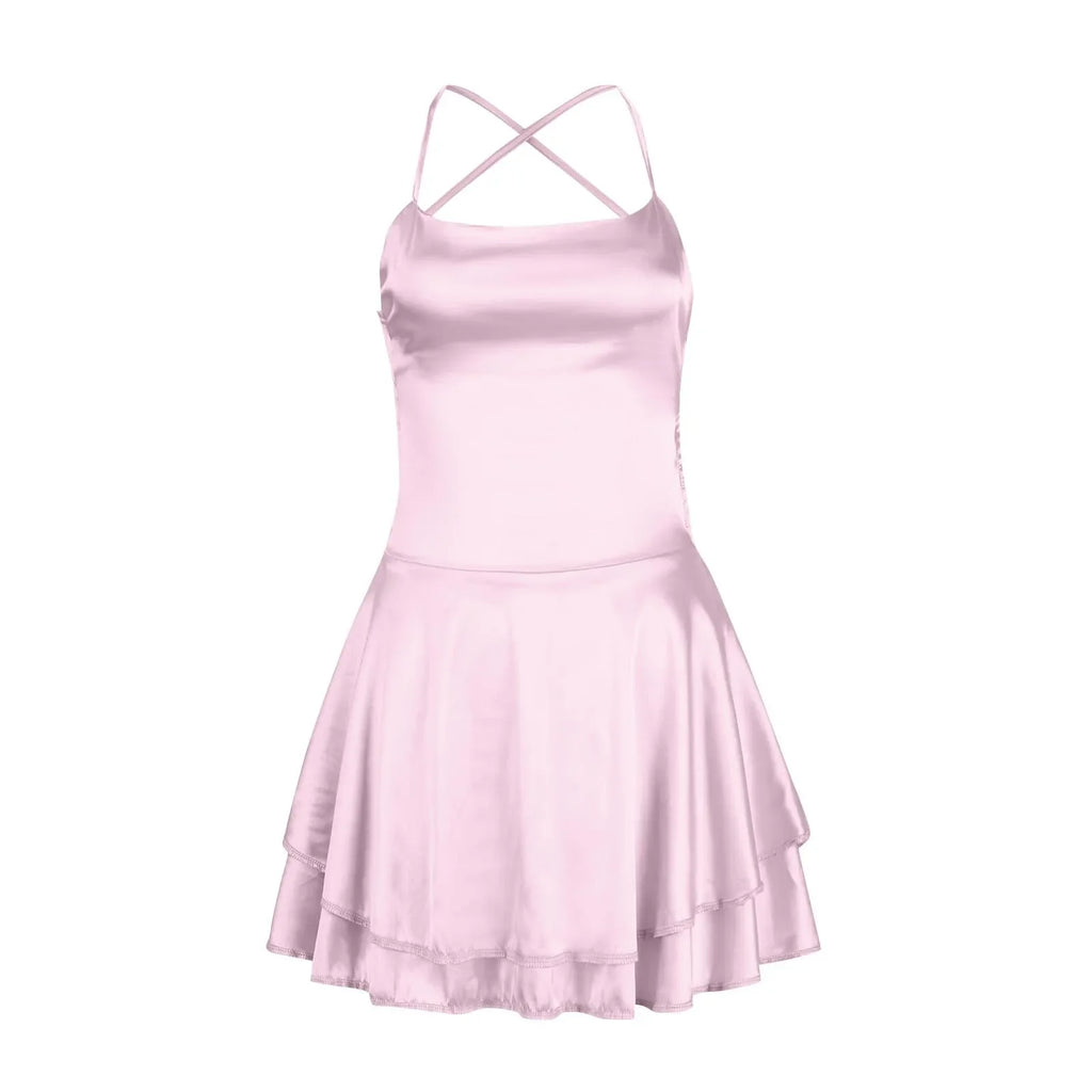 Backless Satin Party Dress With Cowl Neck Spaghetti Straps