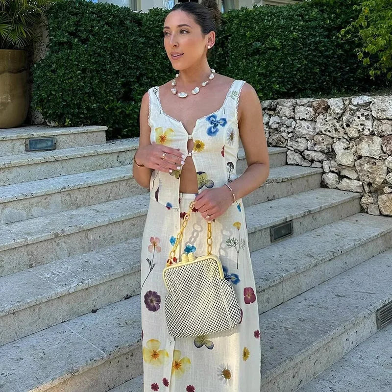 Women's Square Collar Lace-Up Slim Fit Top and Single Breasted A-Line Midi Skirt Two-Piece Set with Feminine Print