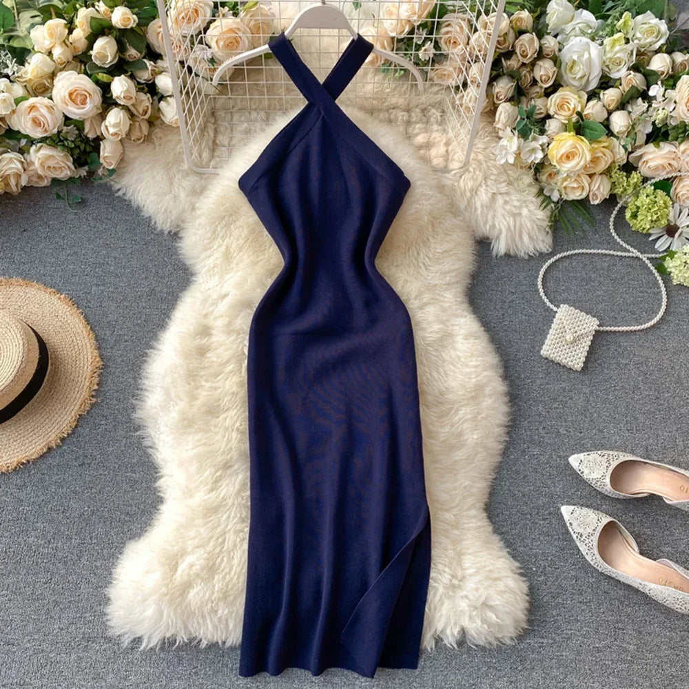Elegant Solid Backless V Neck Knit Bodycon Dress For Women