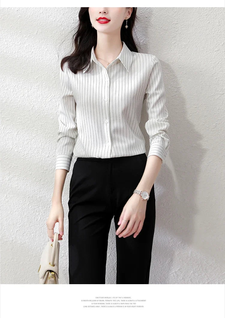 Striped Long Sleeve Women Shirt Button Up Blouse Lightweight Chiffon Tops Elegant Casual Office Wear