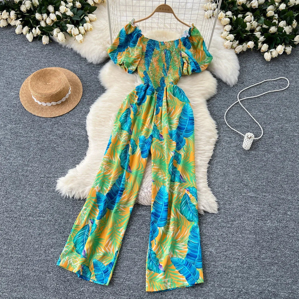 Square Neck Loose Pleated Jumpsuit with Ruffles Backless Design Wide Leg Long Pants Elegant Chic Printed Playsuit for Women