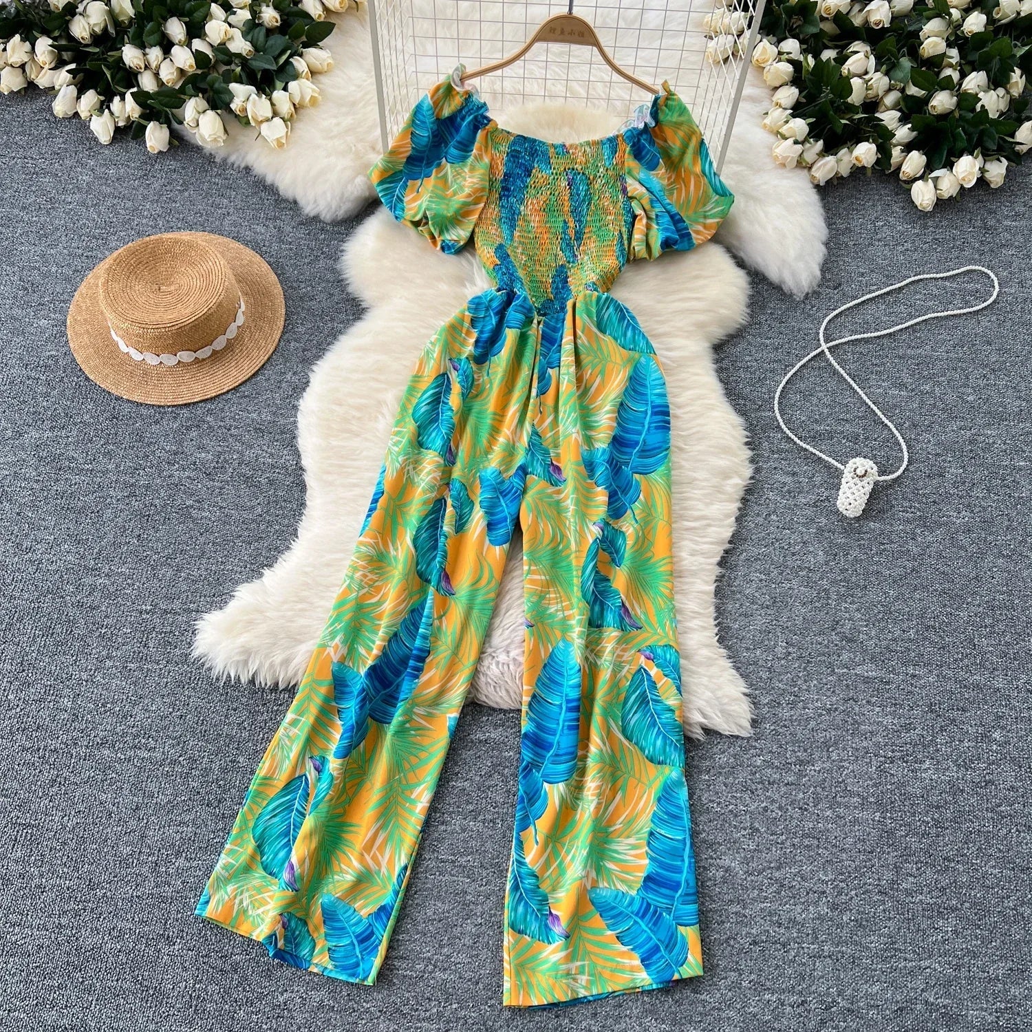 Square Neck Loose Pleated Jumpsuit with Ruffles Backless Design Wide Leg Long Pants Elegant Chic Printed Playsuit for Women