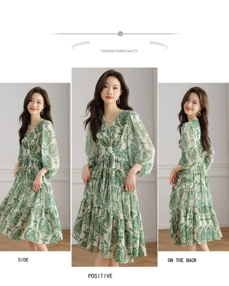 Floral Chiffon Dress For Women V Neck A Line Dress