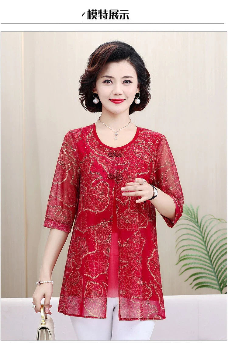 Women's Summer Shirt Casual Loose Fit Fake Two-Piece Printed Top for Middle-Aged and Elderly